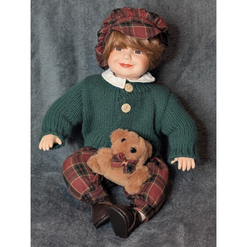 10" Irish Porcelain Sitting Irish Male Doll Plaid Hat & Pants Green Knit Sweater